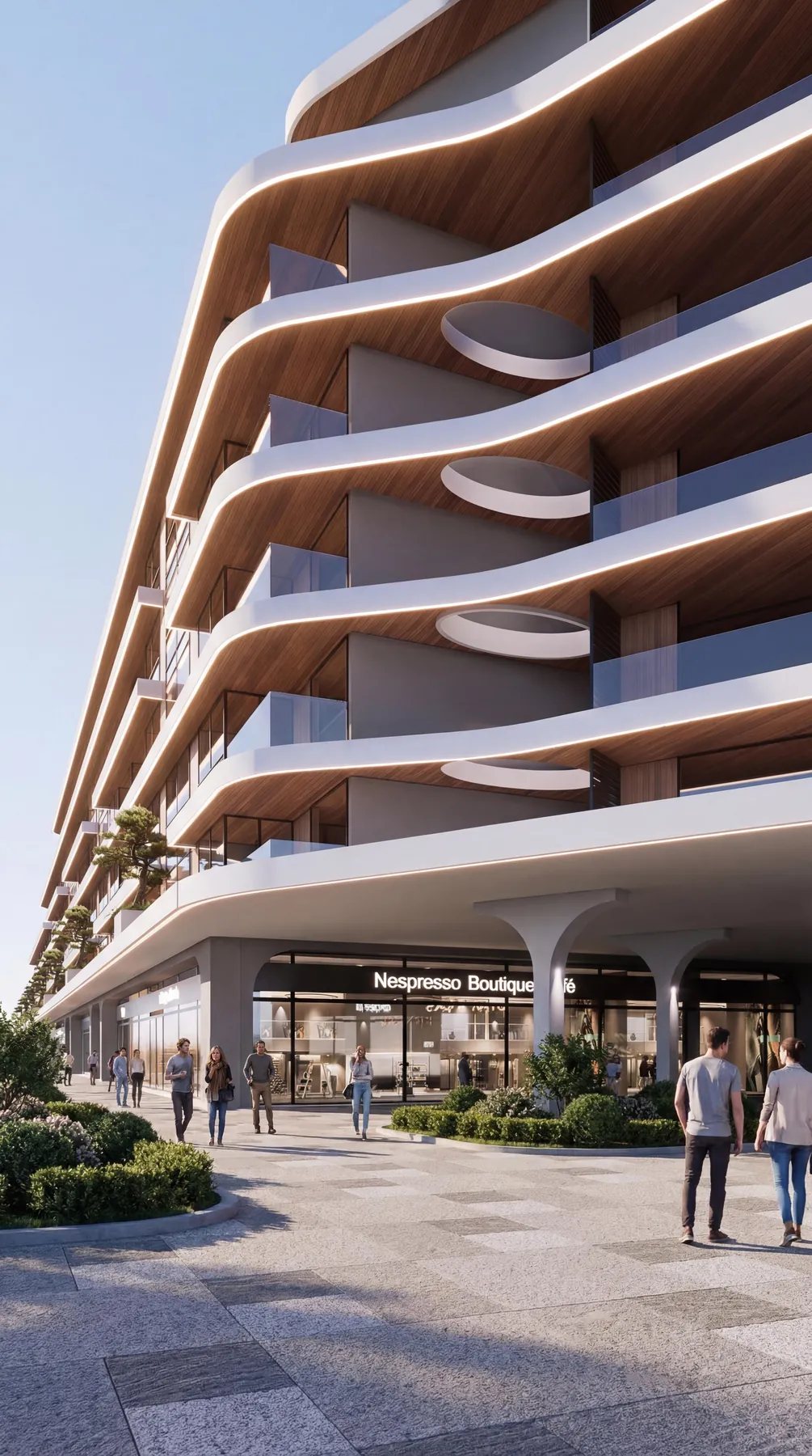 Gama projesi dalgalı ahşap ve beyaz şeritli cephe detayı, oval balkon çıkmaları, gündüz