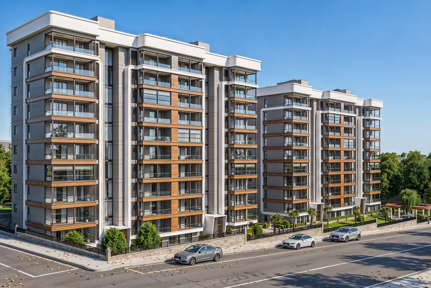 Uneks Aura iki bloklu konut projesinin sokaktan genel görünümü, ahşap dokulu balkon cepheleri
